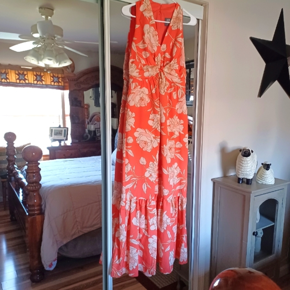 Floral Halter Maxi Dress in Orange and White Vince Camuto